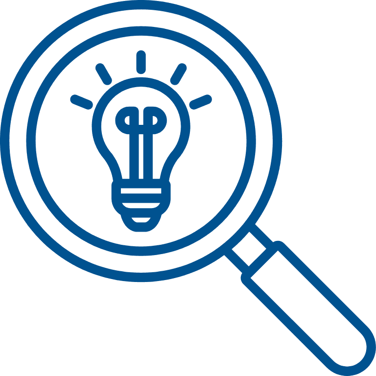 A graphic of a lightbulb with a magnifying glass